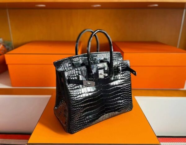 H Factory Bags Birkin Shiny Porosus Crocodile Black Silver Hardware 25cm Full Handmade
