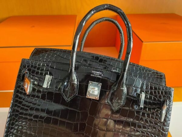 H Factory Bags Birkin Shiny Porosus Crocodile Black Silver Hardware 25cm Full Handmade