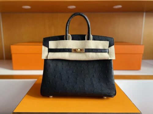 mmexport1750840866018-1024x819-1 H Factory Bags Birkin Ostrich Leather Black Gold Hardware 25cm Full Handmade