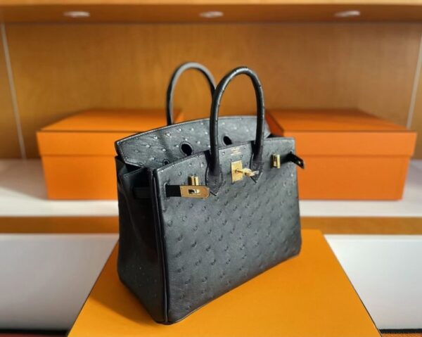 mmexport1750840878109-1024x817-1 H Factory Bags Birkin Ostrich Leather Black Gold Hardware 25cm Full Handmade
