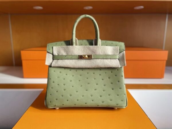 H Factory Bags Birkin Ostrich Leather Avocado Green Gold Hardware 25cm Full Handmade