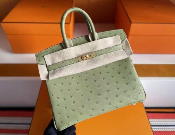 H Factory Bags Birkin Ostrich Leather Avocado Green Gold Hardware 25cm Full Handmade