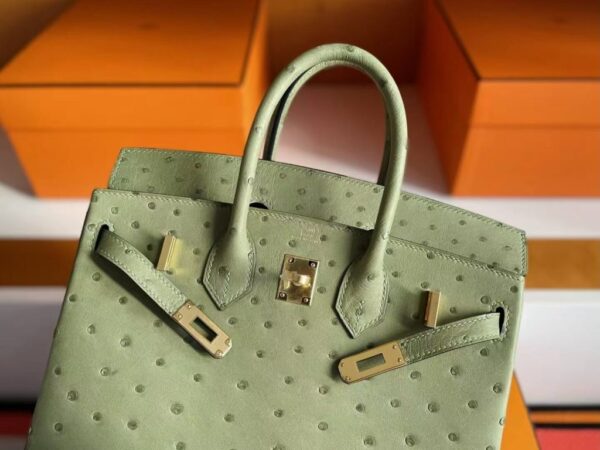 H Factory Bags Birkin Ostrich Leather Avocado Green Gold Hardware 25cm Full Handmade