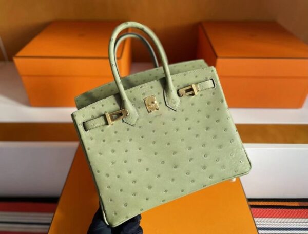 H Factory Bags Birkin Ostrich Leather Avocado Green Gold Hardware 25cm Full Handmade