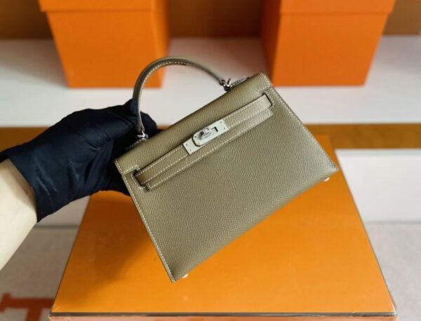 H Factory Bags Mini Kelly Epsom Leather Etoupe Grey Silver Hardware 19cm Full Handmade