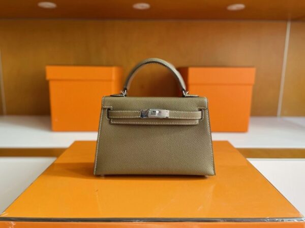H Factory Bags Mini Kelly Epsom Leather Etoupe Grey Silver Hardware 19cm Full Handmade