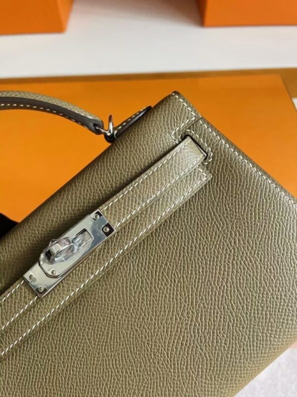 H Factory Bags Mini Kelly Epsom Leather Etoupe Grey Silver Hardware 19cm Full Handmade