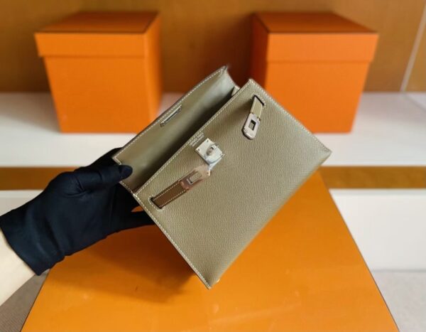 H Factory Bags Mini Kelly Epsom Leather Etoupe Grey Silver Hardware 19cm Full Handmade