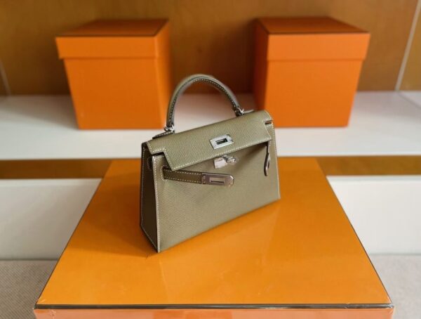 H Factory Bags Mini Kelly Epsom Leather Etoupe Grey Silver Hardware 19cm Full Handmade