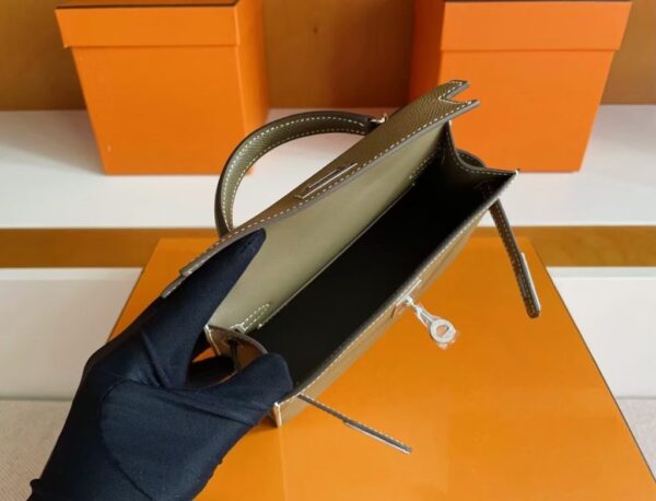 H Factory Bags Mini Kelly Epsom Leather Etoupe Grey Silver Hardware 19cm Full Handmade