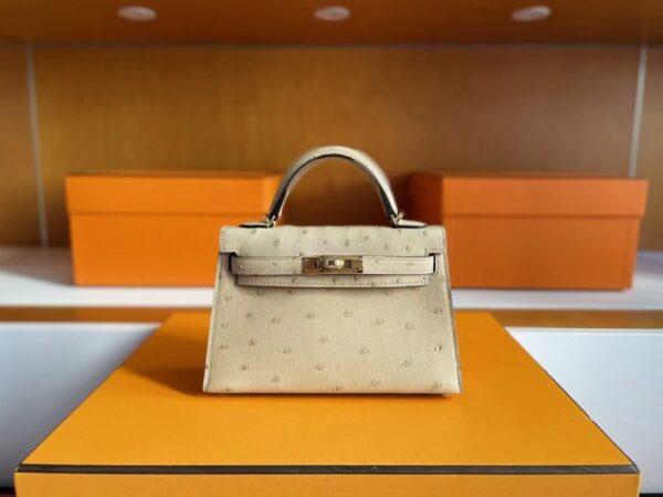 H Factory Bags Mini Kelly Ostrich Leather Tea Khaki Gold Hardware 19cm Full Handmade