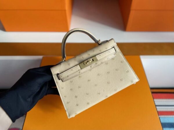 H Factory Bags Mini Kelly Ostrich Leather Tea Khaki Gold Hardware 19cm Full Handmade