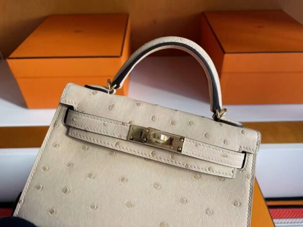 H Factory Bags Mini Kelly Ostrich Leather Tea Khaki Gold Hardware 19cm Full Handmade
