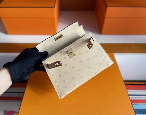 H Factory Bags Mini Kelly Ostrich Leather Tea Khaki Gold Hardware 19cm Full Handmade