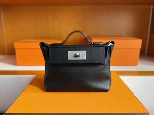 H Factory Bags Mini Kelly 2424 Evercolor Leather Black Silver Hardware 21cm Full Handmade