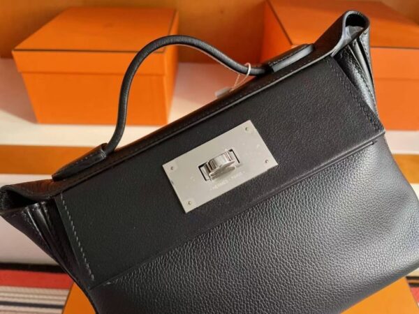 H Factory Bags Mini Kelly 2424 Evercolor Leather Black Silver Hardware 21cm Full Handmade