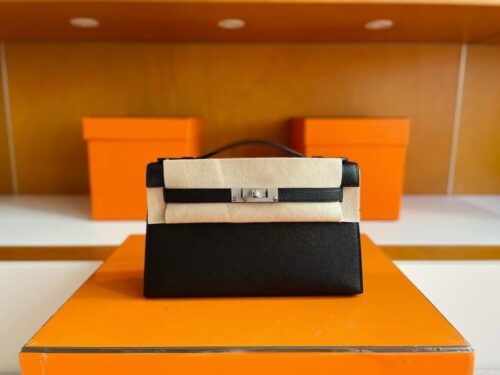 H Factory Bags Mini Kelly Pochette Epsom Leather Black Silver Hardware 22cm Full Handmade