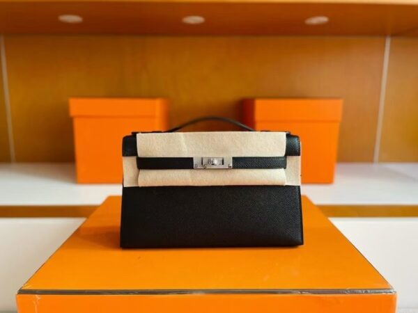H Factory Bags Mini Kelly Pochette Epsom Leather Black Silver Hardware 22cm Full Handmade