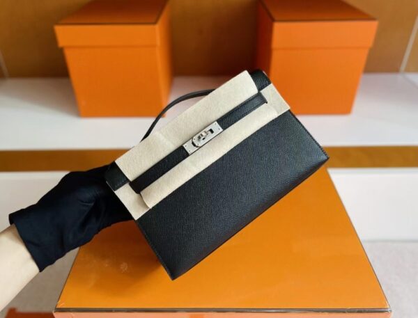 H Factory Bags Mini Kelly Pochette Epsom Leather Black Silver Hardware 22cm Full Handmade
