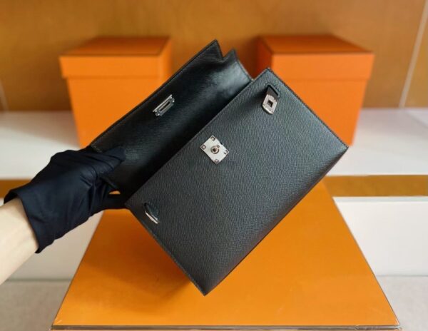 H Factory Bags Mini Kelly Pochette Epsom Leather Black Silver Hardware 22cm Full Handmade