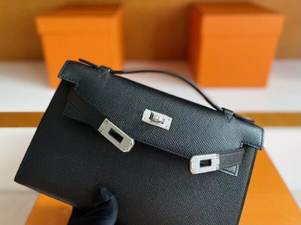 H Factory Bags Mini Kelly Pochette Epsom Leather Black Silver Hardware 22cm Full Handmade