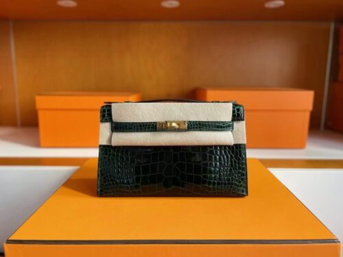 H Factory Bags Mini Kelly Pochette Shiny Alligator Crocodile Deep Green Gold Hardware 22cm Full Handmade