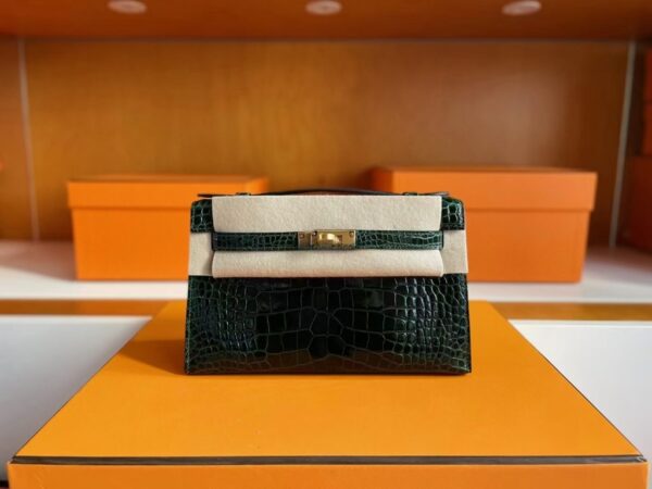 H Factory Bags Mini Kelly Pochette Shiny Alligator Crocodile Deep Green Gold Hardware 22cm Full Handmade