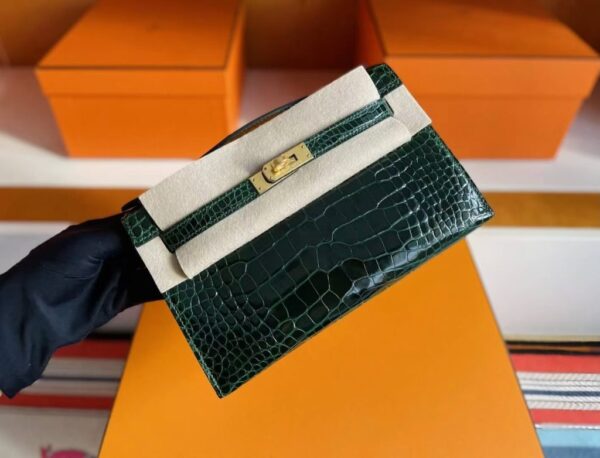 H Factory Bags Mini Kelly Pochette Shiny Alligator Crocodile Deep Green Gold Hardware 22cm Full Handmade