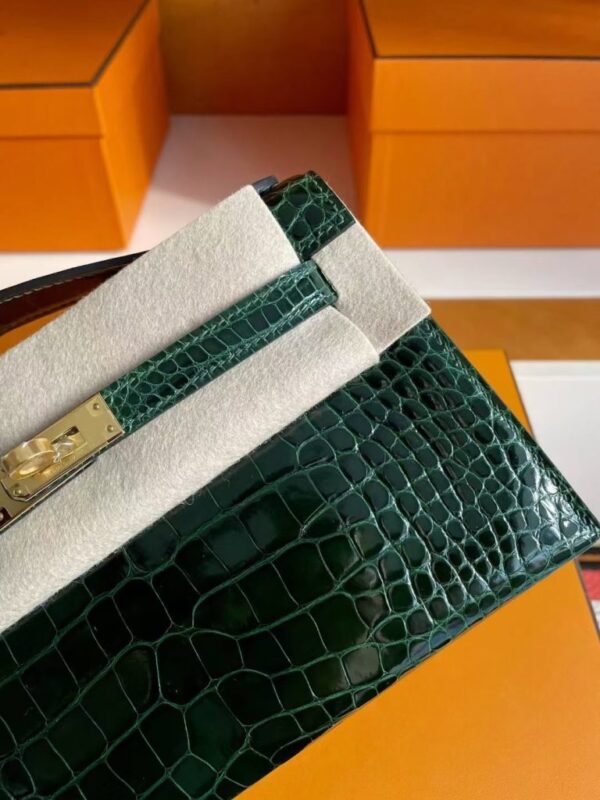 H Factory Bags Mini Kelly Pochette Shiny Alligator Crocodile Deep Green Gold Hardware 22cm Full Handmade