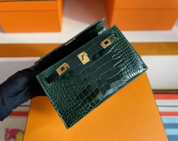 H Factory Bags Mini Kelly Pochette Shiny Alligator Crocodile Deep Green Gold Hardware 22cm Full Handmade
