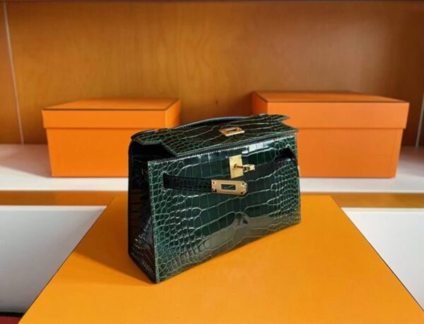 H Factory Bags Mini Kelly Pochette Shiny Alligator Crocodile Deep Green Gold Hardware 22cm Full Handmade