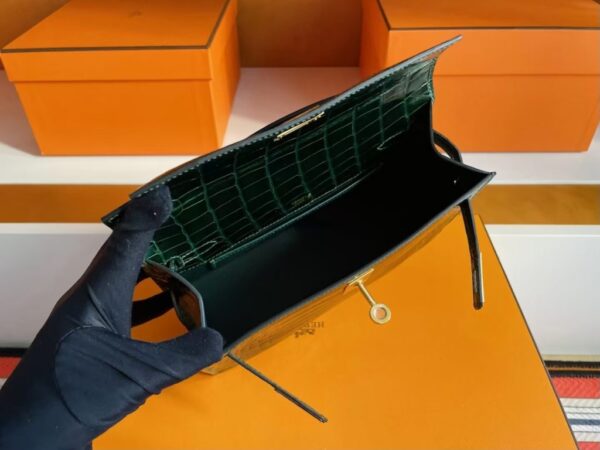 H Factory Bags Mini Kelly Pochette Shiny Alligator Crocodile Deep Green Gold Hardware 22cm Full Handmade