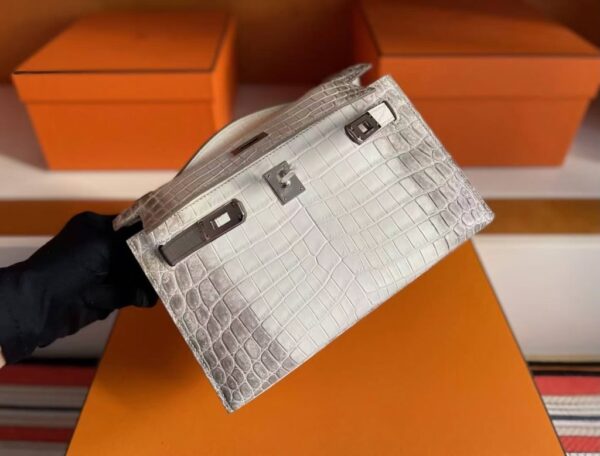 H Factory Bags Mini Kelly Pochette Matte Crocodile Himalaya Silver Hardware 22cm Full Handmade