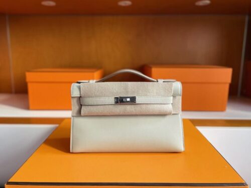 H Factory Bags Mini Kelly Pochette Swift Leather Ice White Silver Hardware 22cm Full Handmade