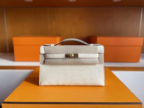 H Factory Bags Mini Kelly Pochette Ostrich Leather White Wool Gold Hardware 22cm Full Handmade