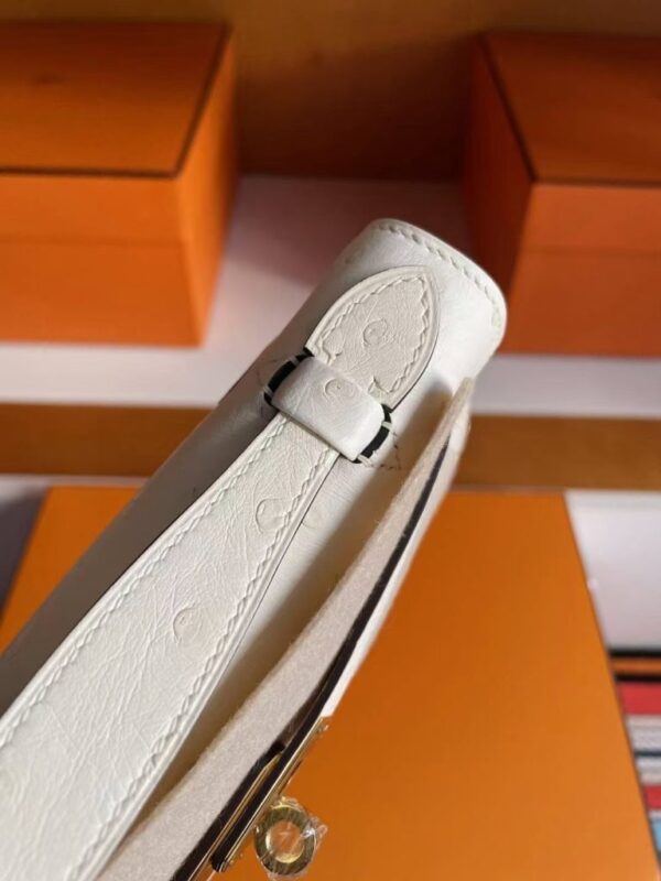 H Factory Bags Mini Kelly Pochette Ostrich Leather White Wool Gold Hardware 22cm Full Handmade