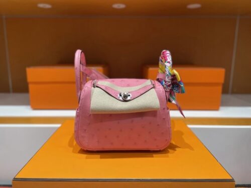 H Factory Bags Mini Lindy Ostrich Leather L3 Bubble Pink Silver Hardware 19cm Full Handmade