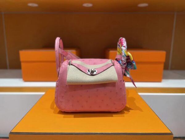 H Factory Bags Mini Lindy Ostrich Leather L3 Bubble Pink Silver Hardware 19cm Full Handmade