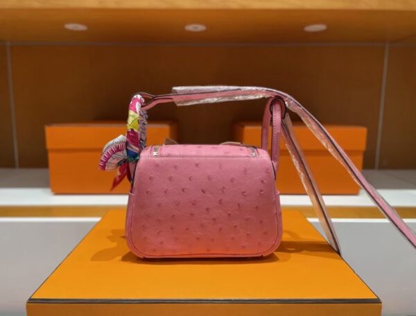 H Factory Bags Mini Lindy Ostrich Leather L3 Bubble Pink Silver Hardware 19cm Full Handmade
