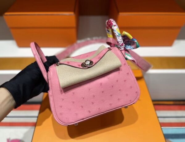 H Factory Bags Mini Lindy Ostrich Leather L3 Bubble Pink Silver Hardware 19cm Full Handmade