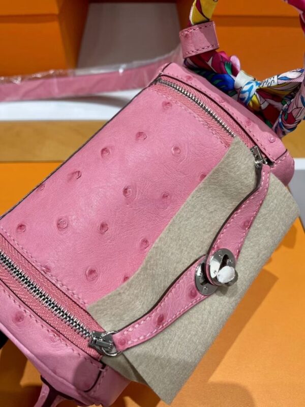 H Factory Bags Mini Lindy Ostrich Leather L3 Bubble Pink Silver Hardware 19cm Full Handmade