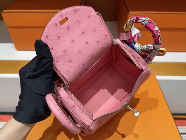 H Factory Bags Mini Lindy Ostrich Leather L3 Bubble Pink Silver Hardware 19cm Full Handmade
