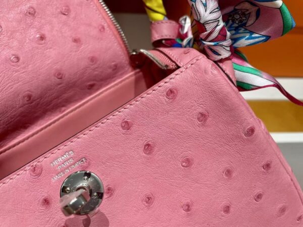H Factory Bags Mini Lindy Ostrich Leather L3 Bubble Pink Silver Hardware 19cm Full Handmade