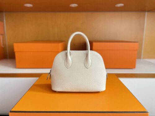 H Factory Bags Mini Bolide Chever Leather Cream White Silver Hardware 18cm Full Handmade