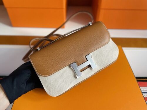 H Factory Bags Constance Epsom Leather Golden Brown Silver Hardware 23cm Full Handmade