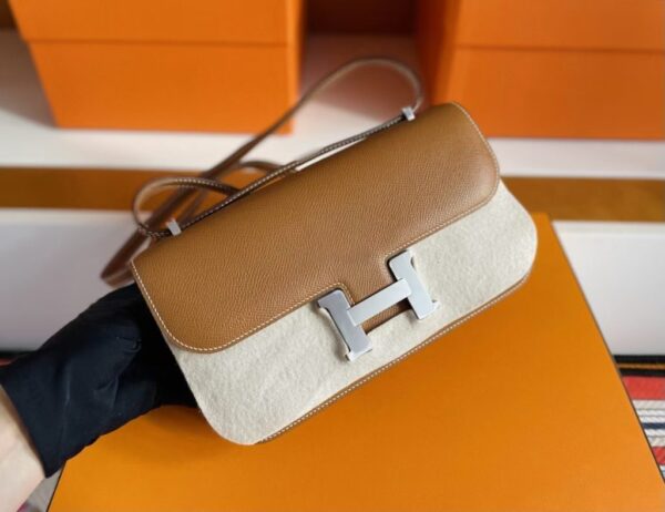 H Factory Bags Constance Epsom Leather Golden Brown Silver Hardware 23cm Full Handmade
