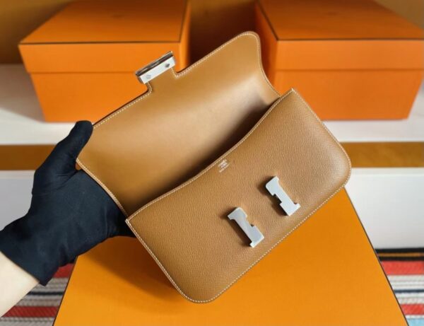H Factory Bags Constance Epsom Leather Golden Brown Silver Hardware 23cm Full Handmade