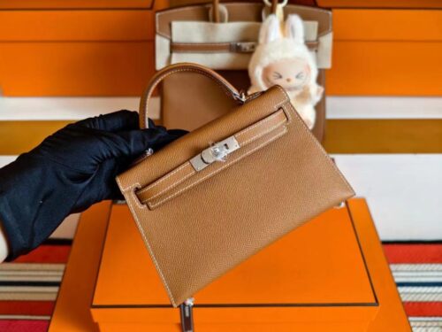 H Factory Bags Mini Kelly Epsom Leather Golden Brown Silver Hardware 19cm Full Handmade