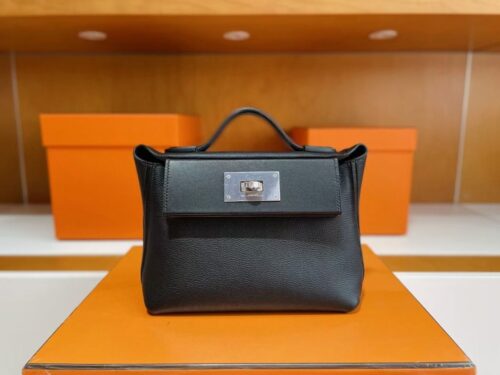 H Factory Bags Mini Kelly 2424 Evercolor Leather Black Silver Hardware 21cm Full Handmade