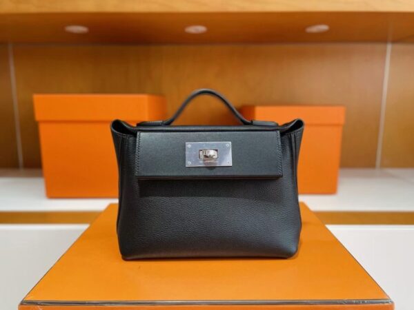 H Factory Bags Mini Kelly 2424 Evercolor Leather Black Silver Hardware 21cm Full Handmade